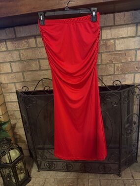 Red Ruched Maxi Skirt - Women's Stretch Skirt